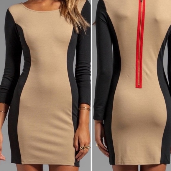 Ella Moss Color Block Bodycon Dress Beige Black Red Back Zipper Size Small - Picture 3 of 4